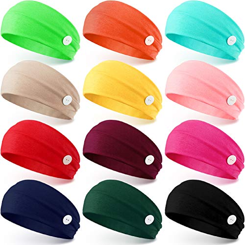 12 Pieces Button Headband Yoga Headband Headwrap Non Slip Ear Protection Holder with Buttons Multifunctional Hair Band Hoop Turban Accessory for Sports Yoga (Multicolor)