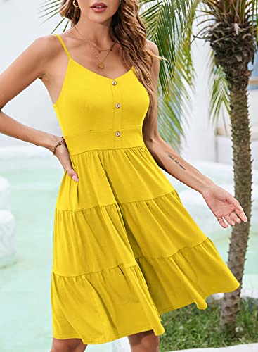 Image of YATHON Sundresses for Women Casual Summer Beach Sleeveless Spaghetti Strap Dress Button Down Ruffle Flowy Pleated Dresses