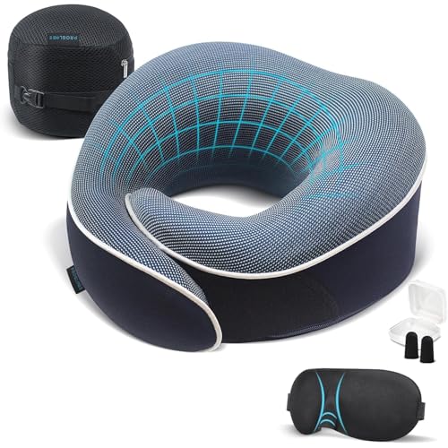 Image of Proglobe Orthopedic Neck Pillow Travel Neck Pillows for Airplanes, Memory Foam Kit, Updated Resting Material, Airplane Travel Set with 3D Contoured Eye Masks, Earplugs, and Luxury Mesh Bag (Blue)