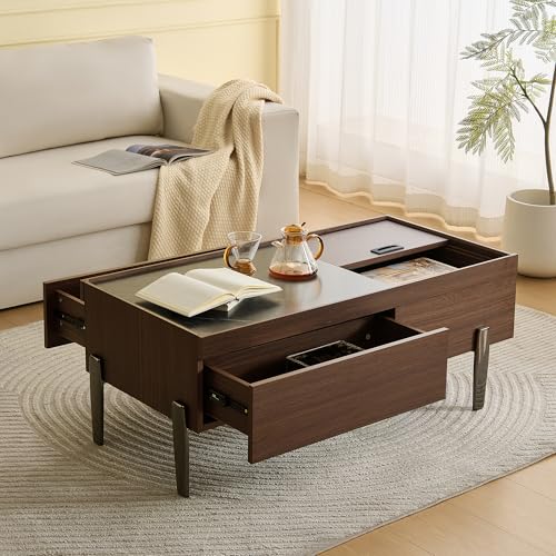 BTM Table Basse Moderne avec Tiroirs & Plateau en Verre – Design en Bois Brun Foncé, Veines de Bois en Optique Marbre, Pieds en Métal & Beaucoup d'Espace...