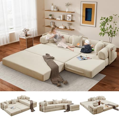 VYNELITO L-Shaped Modular Sofa Bed with Storage, Beige