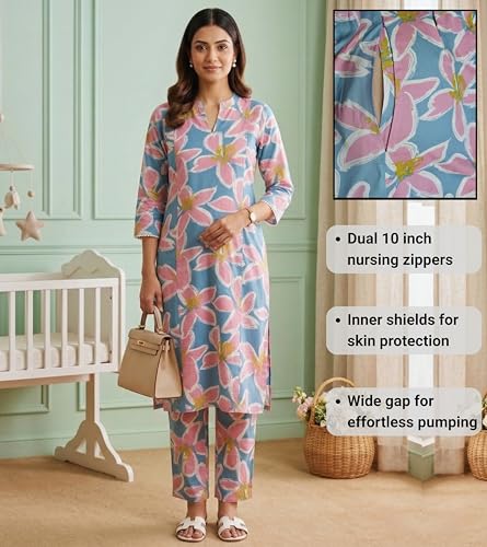Image of DUMMY SHAPE Feeding Kurtis for Women Cotton Blend | Floral Kurta Pant Dupatta Set with Nursing Zippers to Pre & Post Partum | Maternity Dresses | Mom to Be Gifts for Pregnant Woman