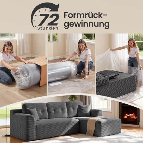 VASAGLE Ecksofa, modulares Sofa 244 cm breit, vakuumverpackt, Schlafsofa, Keine Montage erforderlich, mit großer Chaiselongue rechts, für Wohnzimmer, Gästezimmer, schiefergrau LCS184GN01
