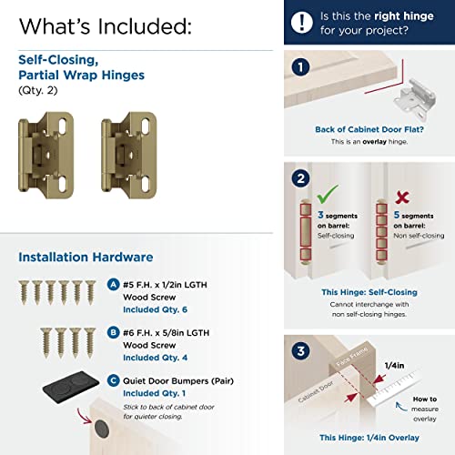 Image of Amerock 1 Pair 1 /4 inch Overlay Golden Champagne Partial Wrap Cabinet Hinge | Self-Closing Steel Cabinet Hinge for Kitchen and Bathroom Cabinet Doors with a 1 /4 inch (6 mm) Overlay, Partial Wrap