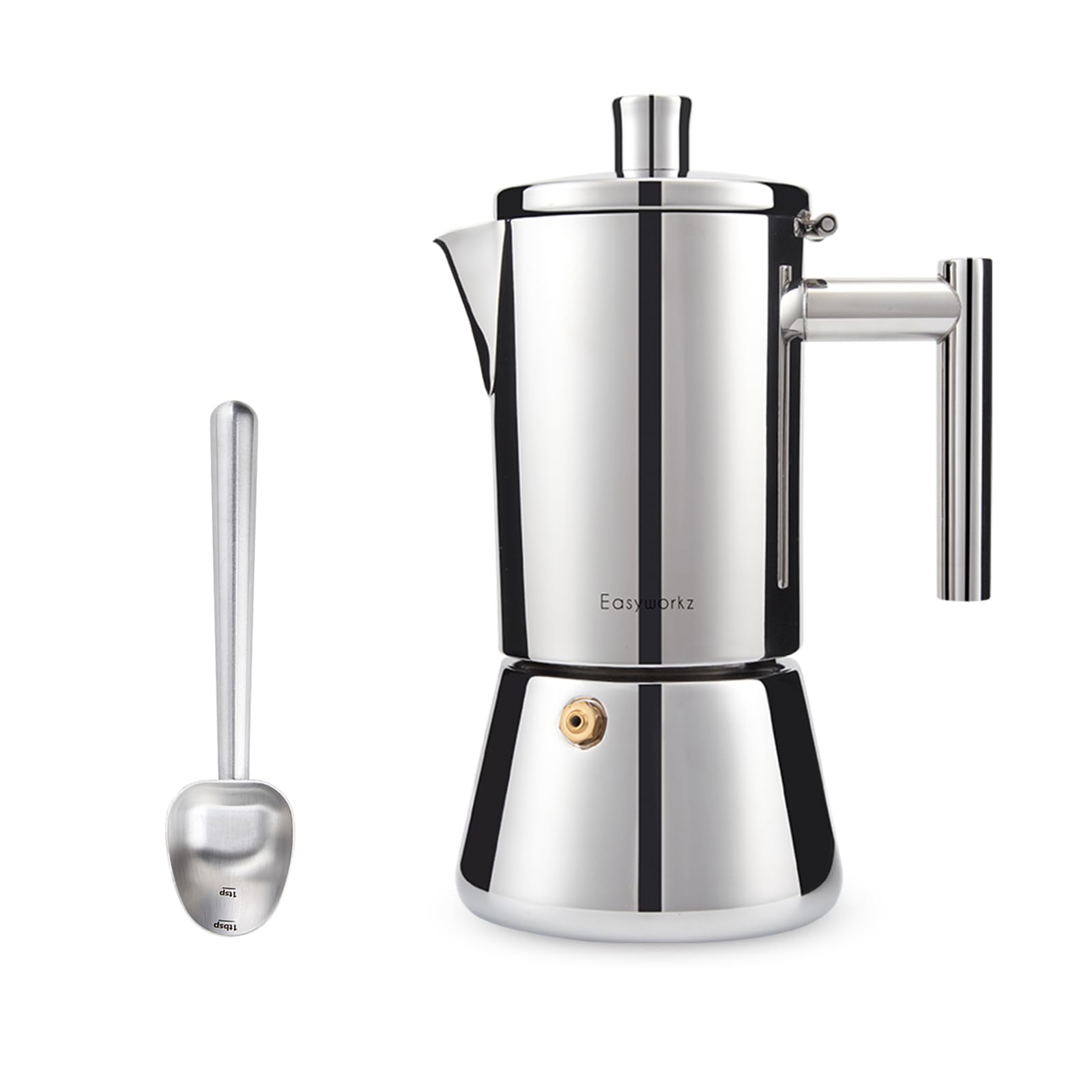 EasyworkzDiego Stovetop Espresso Maker 12Cup 17.5 oz Moka Pot, Bundled with Stainless Steel Long Hollow Handle 7g Measuring Spoon, Brushed Silver
