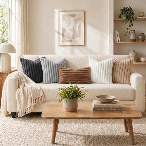 Image of Pallene Faux Fur Plush Throw Pillow Covers 18x18 Set of 2, Luxury Soft Fluffy Striped Decorative Pillow Covers for Sofa, Couch, Living Room, White