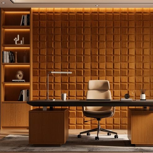 Image of Kayra Decor 3D PVC Wall Panels for Bedroom & Living Room | Cube Design | Teak Wood Color | 19.7 x 19.7 Inch | Pack of 40 | 107.6 Sq Ft