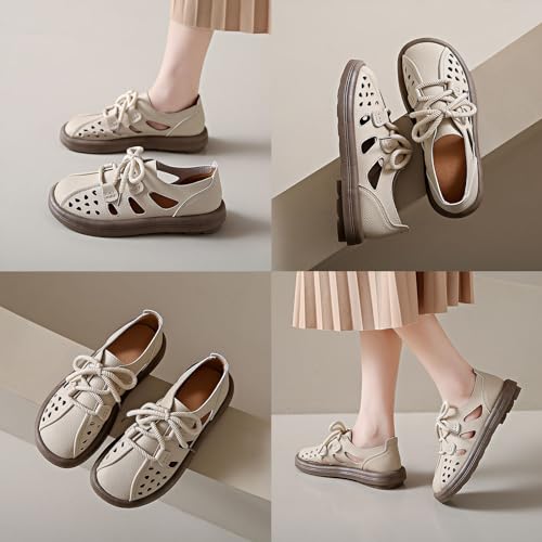 Image of Women's Leather Lace Up Cutout Loafers Soft Platform Lightweight Closed Toe Breathable Outdoor Walking Sandals Casual Wide Round Toe Anti-Slip Comfort Slip On Oxfords