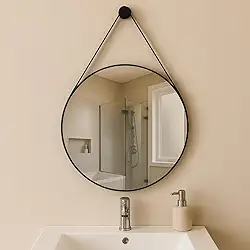 Espelho Adnet Redondo Decorativo C/Alça Couro Escandinavo Suspenso 25cm (Preto)