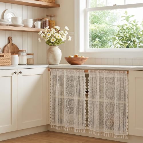 Image of MYSKY HOME White Lace Tier Curtains 24 Inch Length 2 Panels Kitchen Cafe Sheer Short Boho Half Country Rod Pocket Curtains for Small Windows Basement Bathroom, 34 inch Wide Each Panel