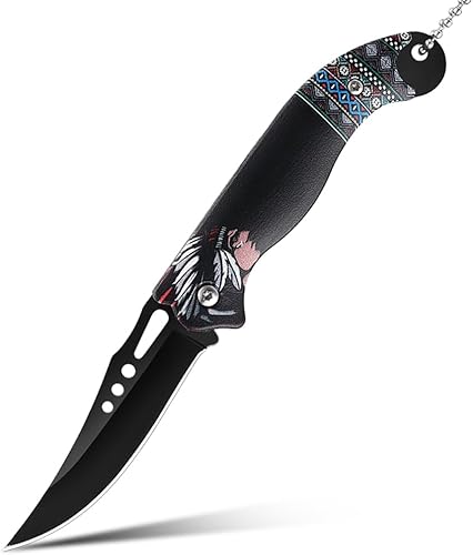 SELUCREH Mini cuchillo plegable para EDC, hoja de acero inoxidable con tótem Indiana, clip de bolsillo para hombres o mujeres (negro)