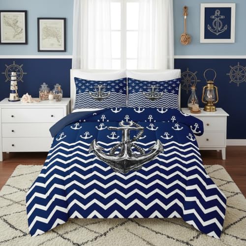 Nautical Anchor Comforter Set King Size Navy Blue White Geometric Stripes Bedding Set 3Pcs Kids Boys Teens Room Decor Abstract Ocean Waves Quilt Set Sea Adventure Duvet Insert,2 Pillowcases
