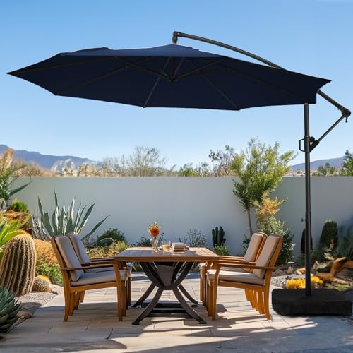 wikiwiki 10ft Patio Umbrella with Base Included, Outdoor Offset Cantilever Umbrella, Infinite Tilt, Crank and Cross Base, Navy