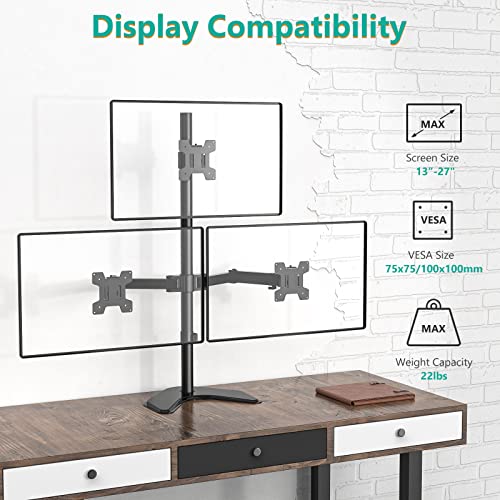 Image of WALI Triple Monitor Stand, Free Standing Three Monitor Desk Mount Fully Adjustable, Fits 3 Screens up to 27 inch, 22 lbs Weight Capacity per Arm (MF003S), Black