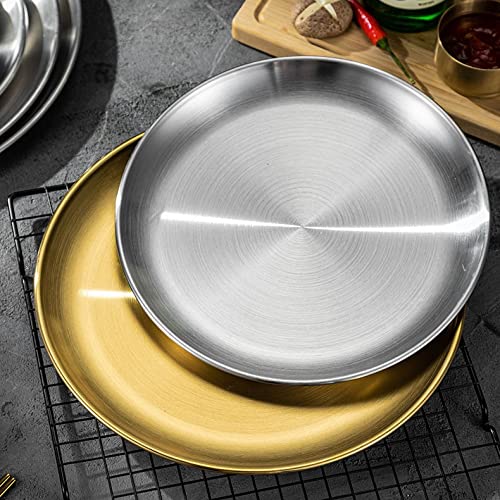 Platos llanos de acero inoxidable Plato Platos Redondos Bandeja de cena de metal cepillado reutilizable Plato de Postre Apilable Plato para acampar al aire libre para el hogar Kichten Snack B