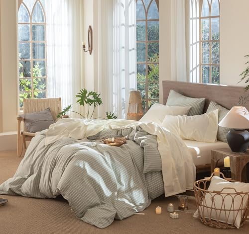 Image of MooMee Sheet Set 100% Washed Cotton Linen-Like Extra Deep Pocket Full | Relaxed Linen-like Texture. Soft, Breathable & Lightweight Comfort. 15-19 inch Extra Deep Pocket with All-around Elastic