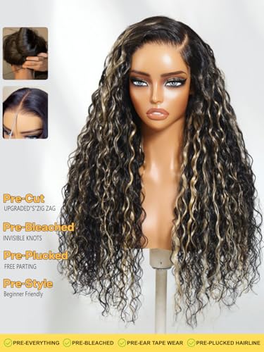 Image of Sunber Black With Light Blonde Highlights Water Wave Glueless Drawstring Wig Glueless Pre Everything 13x4 Lace Frontal Bye Bye Knots Pre Cut Lace Pre Plucked Pre Bleached Knots 150% Density 22Inch