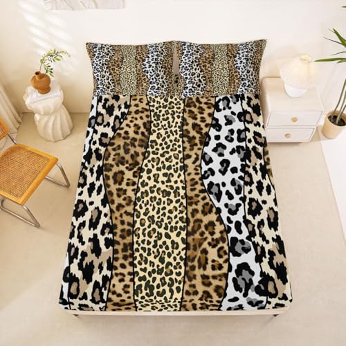 Homemissing Sábana bajera ajustable de leopardo gris y marrón, tamaño King, para niños y niñas, con bolsillo profundo de 16 pulgadas, ropa de cama de leopardo a rayas con 2 fundas de almohada