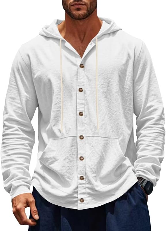 Men's Linen Blend Button Front Hoodie Shirt Long Sleeve Lightweight Casual Top with Front Pocket