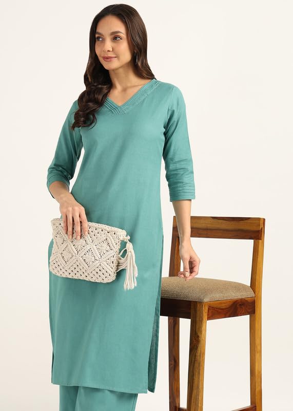 Image of BLOCKS OF INDIA Women's Solid Straight Kurta Set | Hand-Stitched Neck Details with Pintucks | Comfortable Pants with Pockets, Elastic Waist & Drawstring Fit