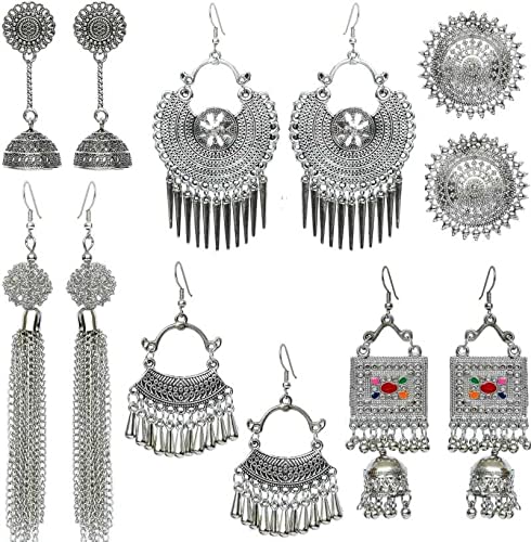 YOTOG Silver Oxidized and Brass Jhumki Long Tribal, Chandbali Earrings Combo Pack Set for Women - 6 Pairs (B09NDMYSYV) Amazon Price History, Amazon Price Tracker