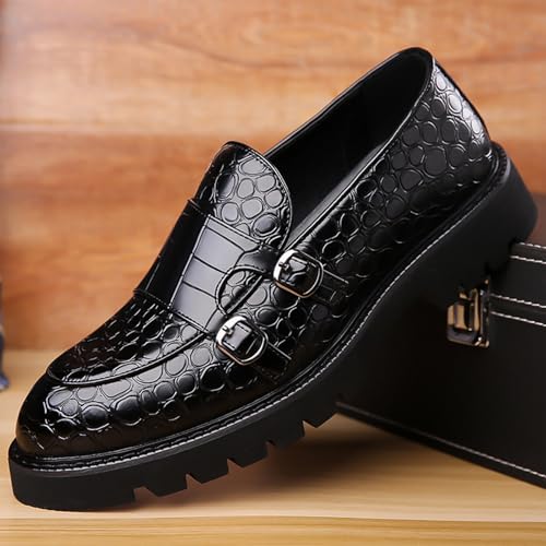 Men's Leather Printed Dress Loafers Retro Round Toe Double Buckle Lug Sole Non-Slip Slip-On Wedding Business Formal Shoes Casual Fashion Work Shoes2