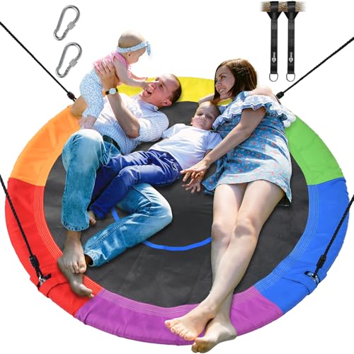 Image of Trekassy 60 inch Large Saucer Tree Swing for Kids Adults 900D Oxford Waterproof with 2pcs Hanging Straps-Rainbow