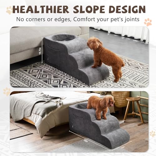 Dog Stairs, Dog Stairs for Old Pet, 3-Step Pet Stairs, Cat Steps for Bed, Dog Pad for Puppy, Pet Stairs for high beds, Old Dog Pet Bed, Non-Slip Pet Step Indoor, Grey - Image 3