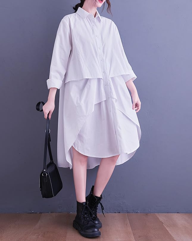 ellazhu Women's T-Shirt Dress Casual Lapel Long Sleeve Oversize Irregular Hem Button Down Solid GZ6223