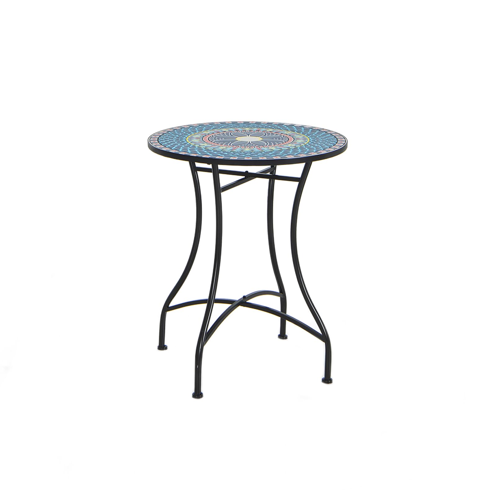 GIANTEX Tavolino ausiliario con piano in mosaico di piastrelle in ceramica, tavolo da bistro con gambe curve in metallo, capacità 50 kg, tavolino rotondo da caffè per soggiorno, patio, terrazza