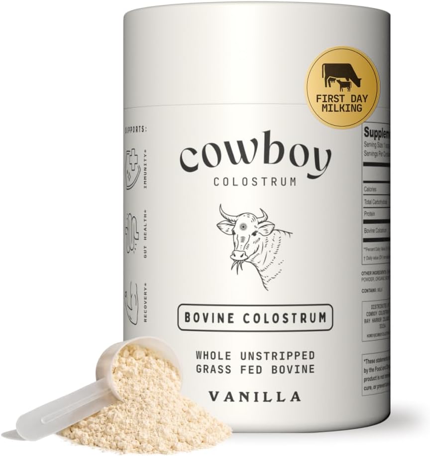 Cowboy - The Exclusive 1st Milking, Whole, Grass Fed Colostrum Supplement for Full Body Health - Bovine Colostrum Powder Packed w/Bioactive Nutrients - Sugar Free (Vanilla, 40 Servings)