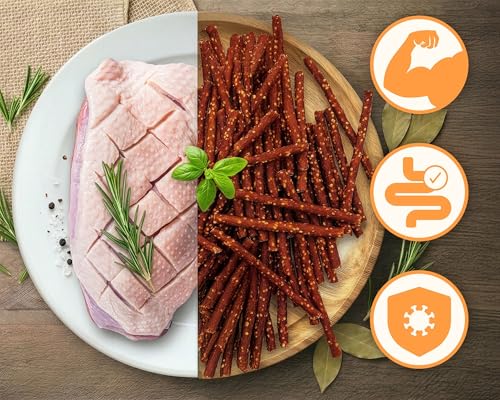MERSJO Hundeleckerli - 83% Hoher Fleischanteil, Keine Zusatzstoffe, Getreide- und Zuckerfrei, Leckereien für Hunde zur täglichen Ergänzung, Natürliche Kauhilfe, Ente und Reis Kabanos, 500g