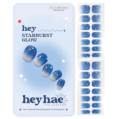 Heyhae Semi Cured Gel Nail Strips | No LED Lamp Needed |Blue Ombre Glitter | Easy Apply & Remove Salon Quality | Includes 28 Strips 2 Prep Pads Nail File & Wooden Stick - Hey Starburst Glow