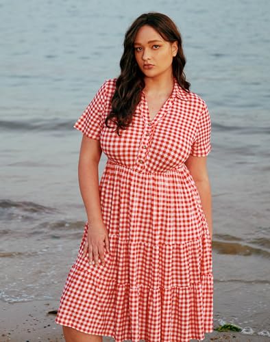 Image of CARCOS Plus Size Dresses for Curvy Women Collared Vneck Short Sleeve Dresses Midi Summer Ruffle Dress with Pocket XL-5XL