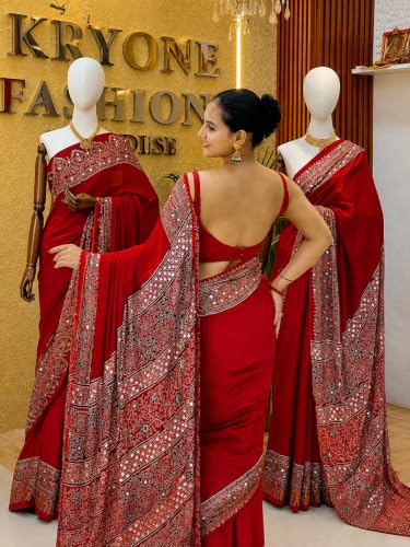 Image of Ajrakh Modal Silk Saree for Women | Mirror Work Black Saree | Gajji Silk Red Pallu Tassels | Designer Sarees for Women Party | Ajrakh Print Saree | Modal Silk Sarees Original