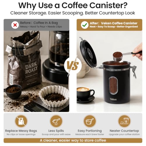 Image of Veken Coffee Canister with Window, Airtight Stainless Steel Container, 22OZ (Pack of 2)