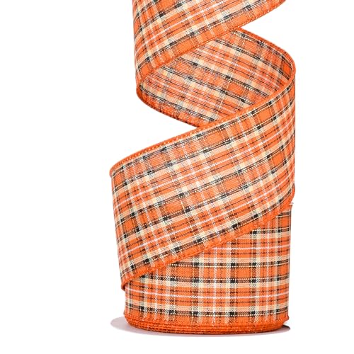 Ribest Fall Ribbon Wired 2-1/2 Inch x 10 Yards Fall Bulap Plaid Ribbon Wired for Wreaths Bows Crafts Decoration Gift Wrapping Orange/Black
