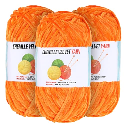 Image of 3 * 100g Velvet Chenille Chunky Yarn for Crocheting, Handcrafts Weaving Soft Chenille Yarn for Crocheting Clearance, Used for Making Baby Yarns Blanket, Clothes, Knitting Creations (Orange)
