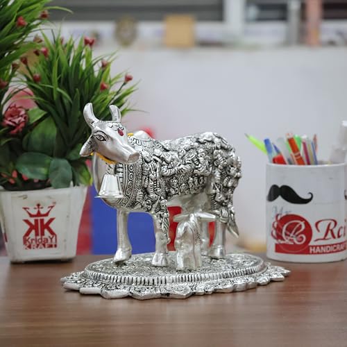 Image of Kamdhenu Cow with Calf Idol for Home Decor | Metal Cow Statue with Intricate Embossed Design | Vastu & Pooja Decorative Showpiece | Temple, Office, Housewarming & Gift Item (Silver)