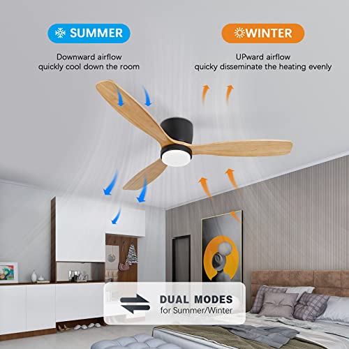 Raccroc Low Profile Ceiling Fan With Light,Flush Mount Ceiling Fan With Remote,3 Natural Solid Wood Ceiling Fans With Lights,22W Led Light,6 Speeds,Reversible Quiet Dc Motor(Matte Black) #TOP2
