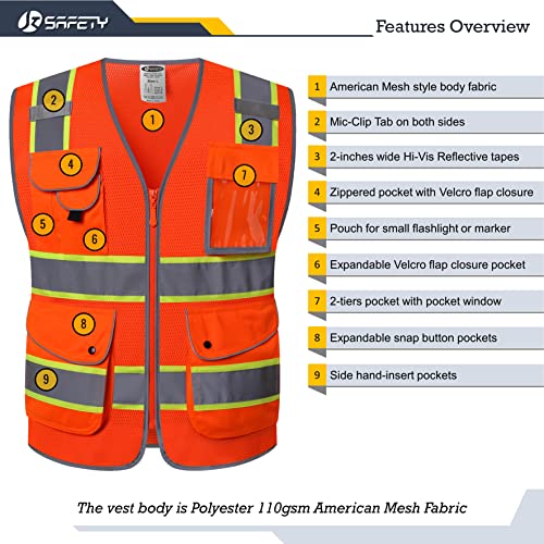 Image of JKSafety 9 Pockets Hi-Vis Reflective Safety Vest | Mesh Fabric | Fluorescent Orange Color with Neon Yellow Extended Trims | ANSI /ISEA Compliance (100-Orange, XL)