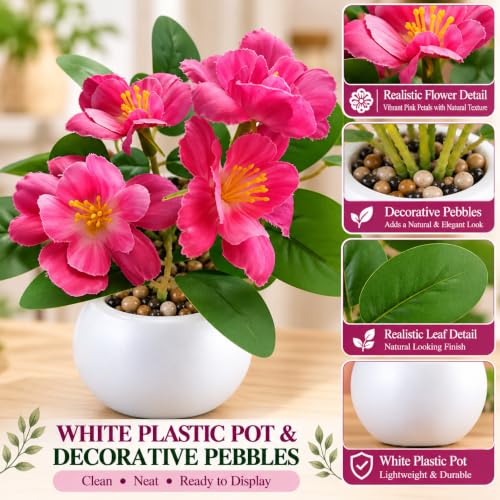 Image of CURATED CART Artificial Flowers with Pot & Decorative Pebbles for Home Decor, Small Size Faux Flowering Artificial Plants for Living Room Decor, Fake Flower vase for Bedroom, Office & Table Decor
