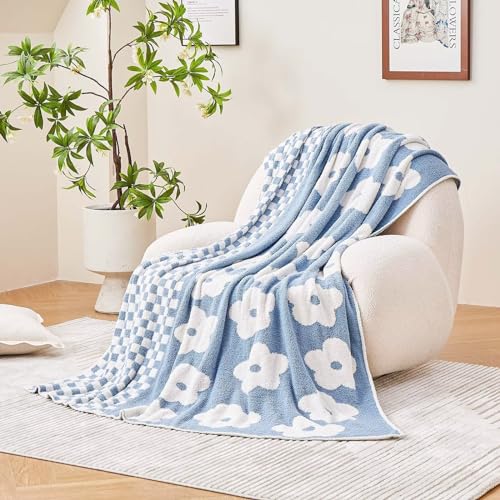 Image of XIBLC Checkered Throw Blanket, Dusty Blue Super Soft Knit Breathable Throw Blanket, Cozy Fluffy Reversible Checkerboard Flower Fuzzy Blanket for Couch Sofa Bed Living Room Decor 50 x 60 inch