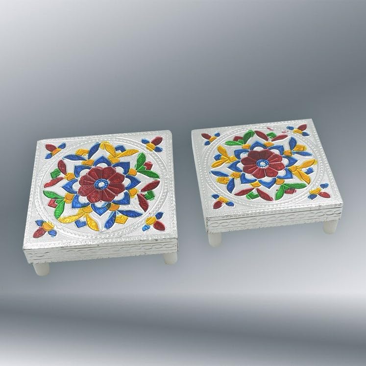 Image of Handcrafted Meenakari Wooden Chowki Puja Bajot - Traditional Decorative Stand for Home Temple, Pooja & Festival Decor (Multicolor)