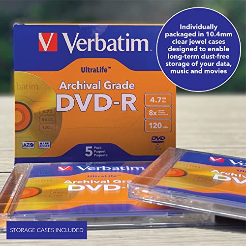 Verbatim Dvd-R 4.7Gb 8X Ultralife Gold Archival Grade - Branded Surface & Hard Coat - 5Pk Jewel Case - 96320 #TOP3