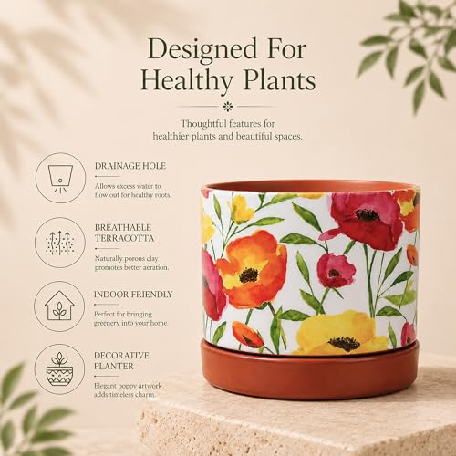 Image of Habere India-All the Cultures Fabricating India Floral Poppy Print Terracotta Planter with Saucer | Hand Painted Indoor Plant Pot | Breathable Clay Pot with Drainage Hole (Multi: L11 x W11 x H10 cm)