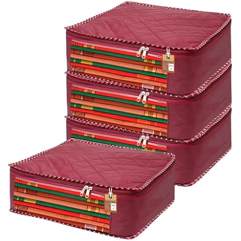 atorakushon Fabric Foldable Saree Covers Garments Clothes Storage Bag Wardrobe Organizers With Double Zip Lock For Lehenga Suit Dress Accessories 4 Pieces Maroon Cover