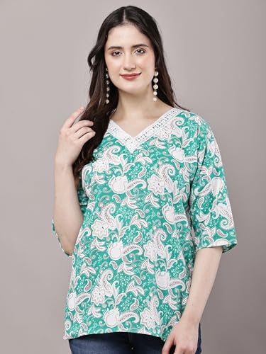 Image of Women's Red Printed Short Kurti with Lace Trim, 3 /4 Sleeves, Round Neck, Ethnic Style