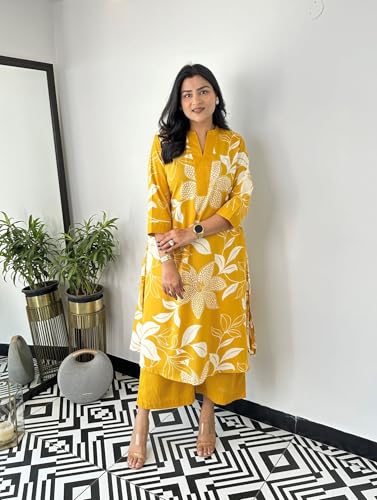 Image of LookMark Women's Floral Printed Cotton Blend 3 /4th Sleeve Knee Length V-Neck Kurta and Palazzo Set for Women