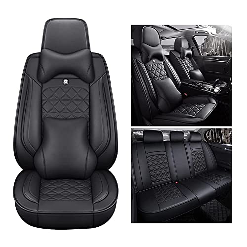 Fly5D Car Seat Cover Universal Luxury Leather Full Car Seat Cushions Protector Fit Most 5 Seats Car Sedans SUVs Van Red car seat Cover with Headrest, Waist Pillow (RED-B, Universal